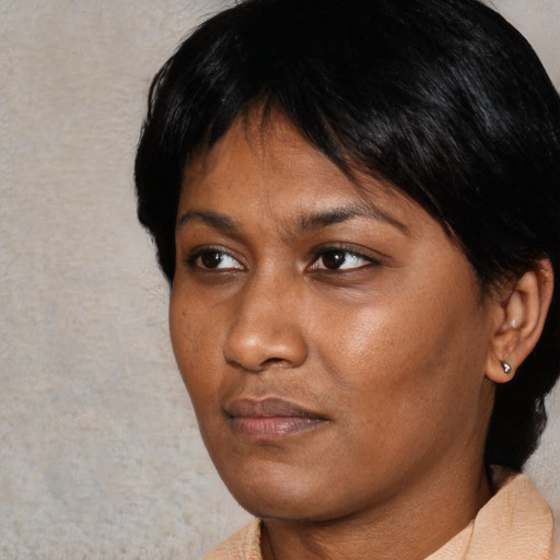 Neutral asian young-adult female with short  black hair and brown eyes