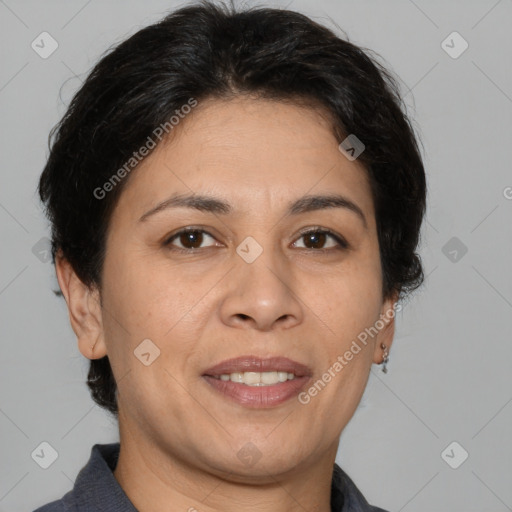 Joyful white adult female with short  brown hair and brown eyes