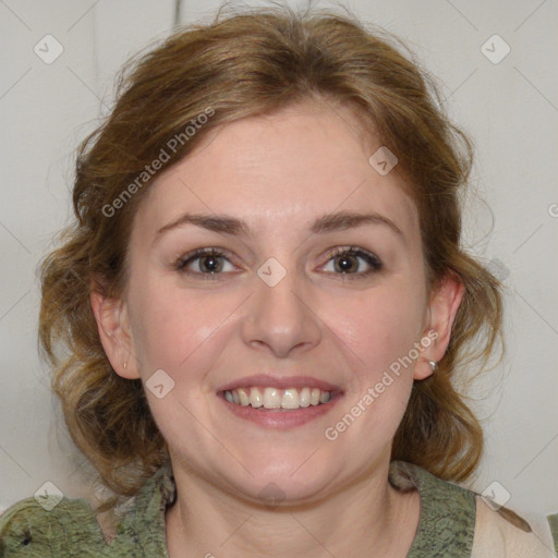 Joyful white young-adult female with medium  brown hair and blue eyes