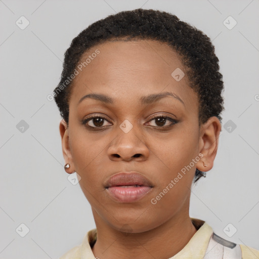 Neutral black young-adult female with short  brown hair and brown eyes