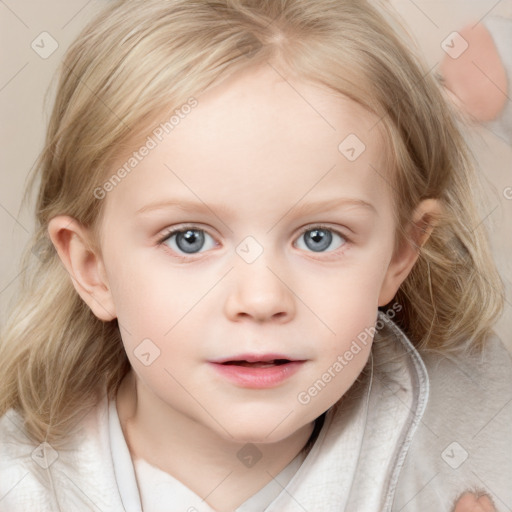 Joyful white child female with medium  brown hair and blue eyes