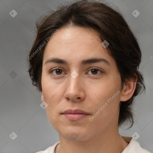 Neutral white young-adult female with medium  brown hair and brown eyes