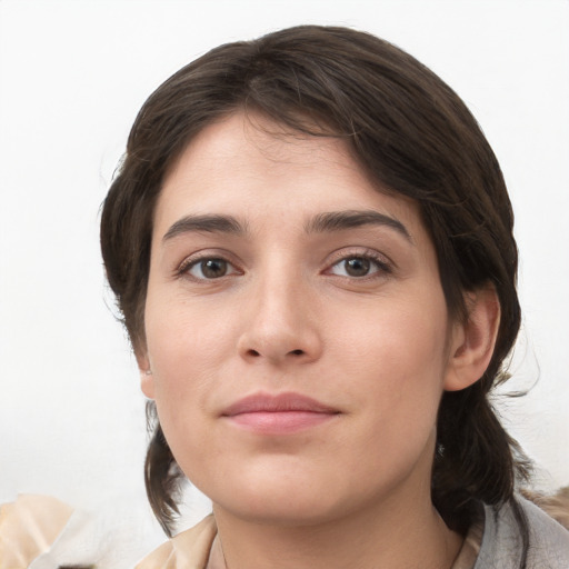 Neutral white young-adult female with medium  brown hair and grey eyes