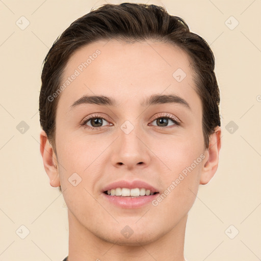 Joyful white young-adult male with short  brown hair and brown eyes