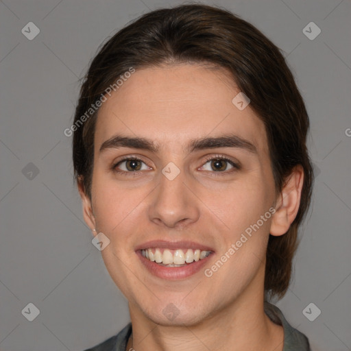 Joyful white young-adult female with medium  brown hair and brown eyes