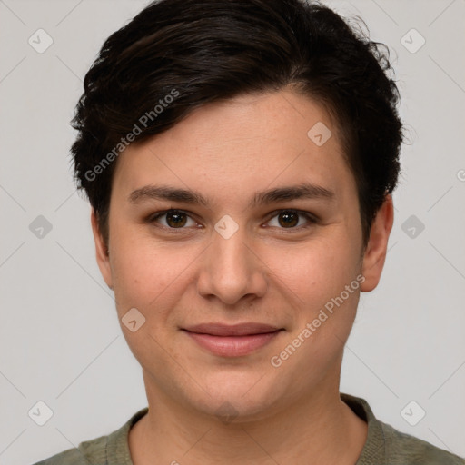 Joyful white young-adult female with short  brown hair and brown eyes