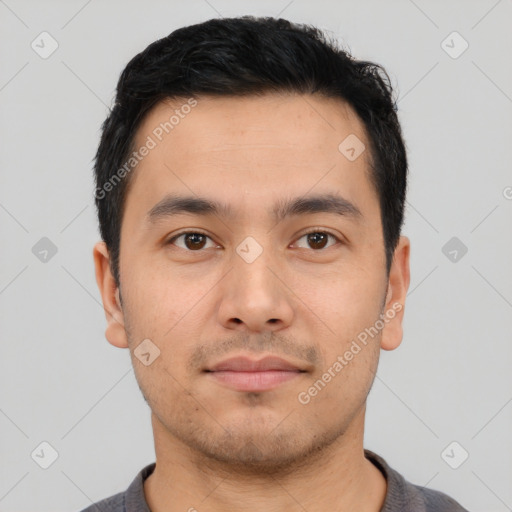 Neutral asian young-adult male with short  black hair and brown eyes