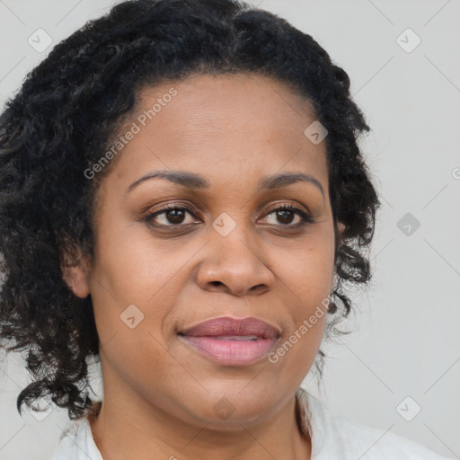 Joyful black adult female with medium  brown hair and brown eyes