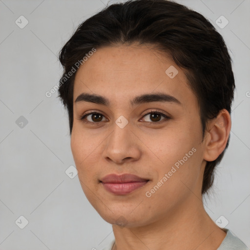 Joyful white young-adult female with medium  brown hair and brown eyes