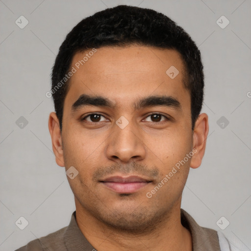 Neutral latino young-adult male with short  black hair and brown eyes