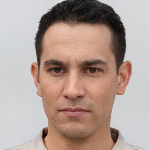 Neutral white adult male with short  brown hair and brown eyes