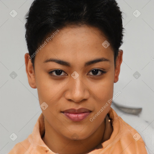 Joyful latino young-adult female with short  brown hair and brown eyes