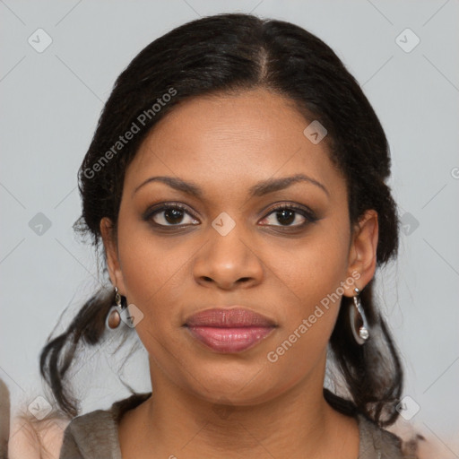 Joyful black young-adult female with medium  black hair and brown eyes