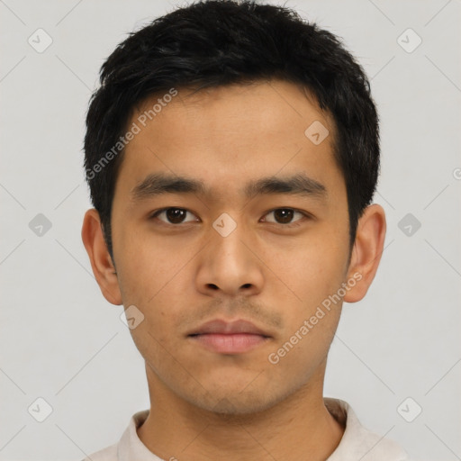 Neutral asian young-adult male with short  black hair and brown eyes