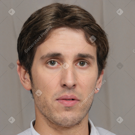 Neutral white young-adult male with short  brown hair and brown eyes