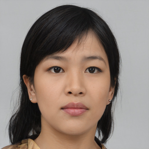 Neutral asian young-adult female with medium  black hair and brown eyes