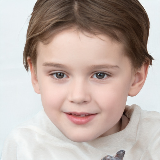 Joyful white child female with short  brown hair and brown eyes