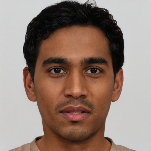 Neutral latino young-adult male with short  black hair and brown eyes