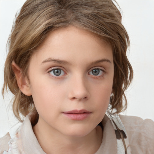 Neutral white child female with medium  brown hair and grey eyes