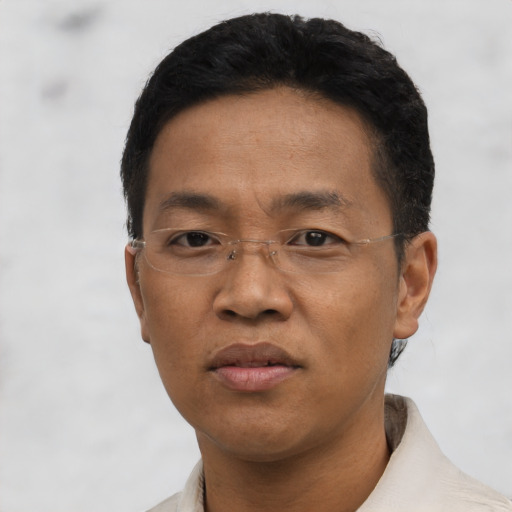 Neutral asian adult male with short  black hair and brown eyes