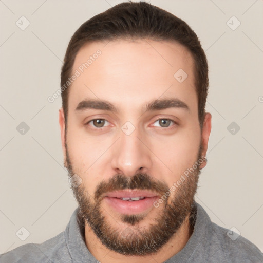 Neutral white young-adult male with short  brown hair and brown eyes