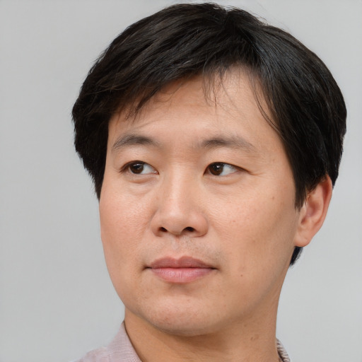 Joyful asian adult male with short  brown hair and brown eyes