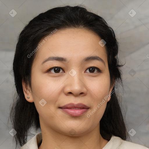 Joyful asian young-adult female with medium  brown hair and brown eyes