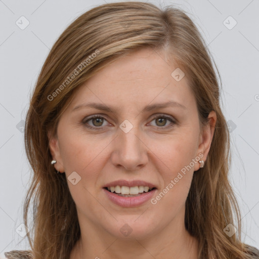 Joyful white young-adult female with long  brown hair and grey eyes