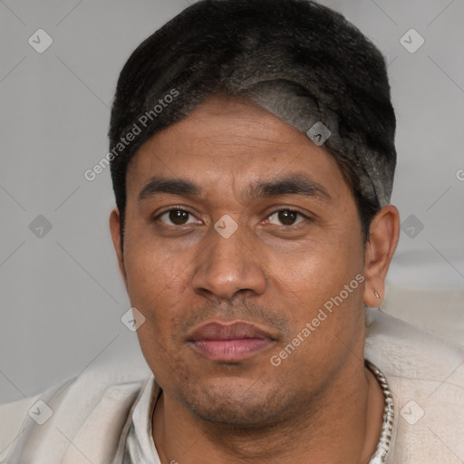 Neutral black adult male with short  black hair and brown eyes