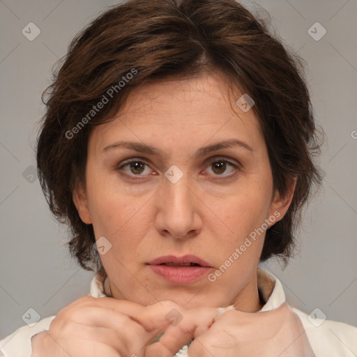 Neutral white adult female with medium  brown hair and brown eyes