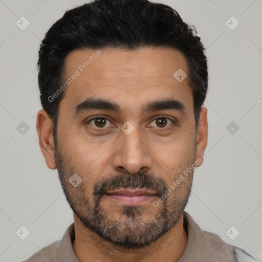 Neutral latino young-adult male with short  black hair and brown eyes