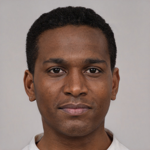 Neutral black young-adult male with short  black hair and brown eyes