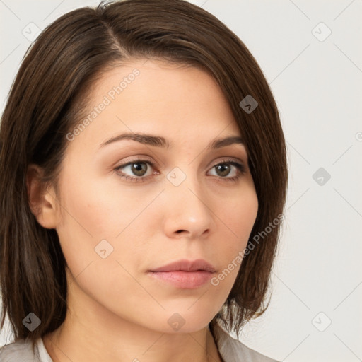 Neutral white young-adult female with medium  brown hair and grey eyes