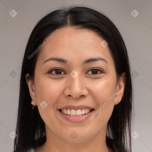 Joyful white young-adult female with medium  brown hair and brown eyes