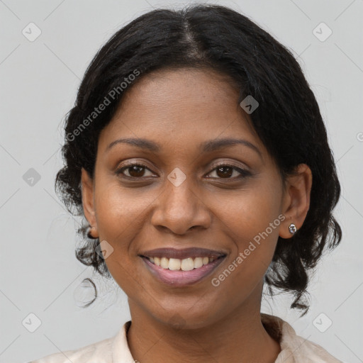 Joyful black young-adult female with medium  black hair and brown eyes