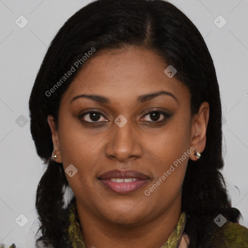 Joyful latino young-adult female with medium  brown hair and brown eyes
