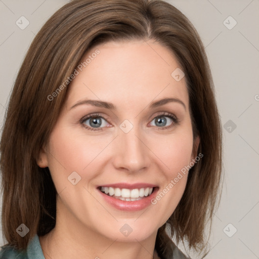 Joyful white young-adult female with medium  brown hair and green eyes