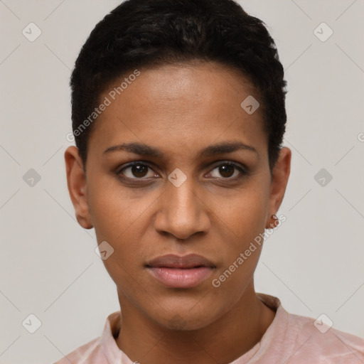 Joyful latino young-adult female with short  brown hair and brown eyes