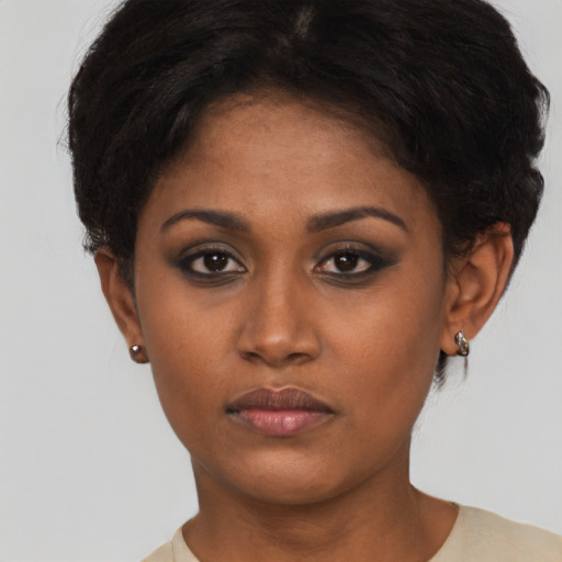 Neutral asian young-adult female with short  brown hair and brown eyes