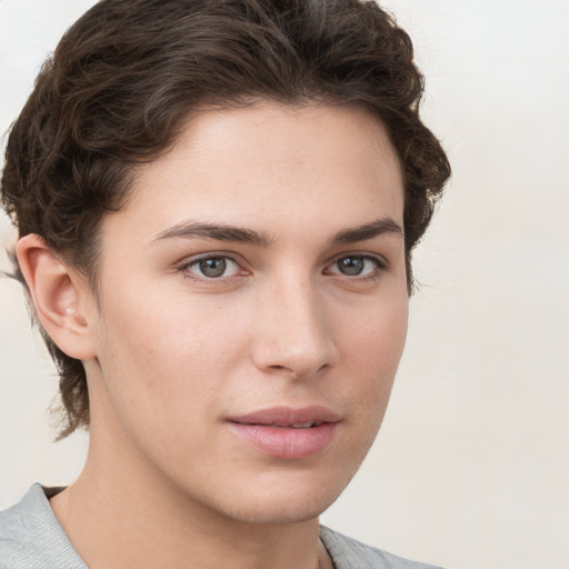 Neutral white young-adult female with short  brown hair and brown eyes