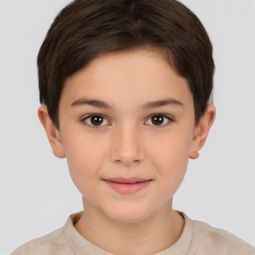 Joyful white child female with short  brown hair and brown eyes