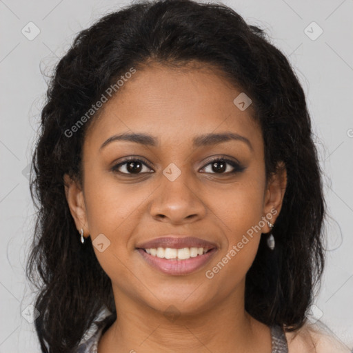 Joyful black young-adult female with medium  brown hair and brown eyes