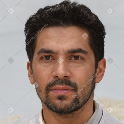 Neutral asian adult male with short  black hair and brown eyes