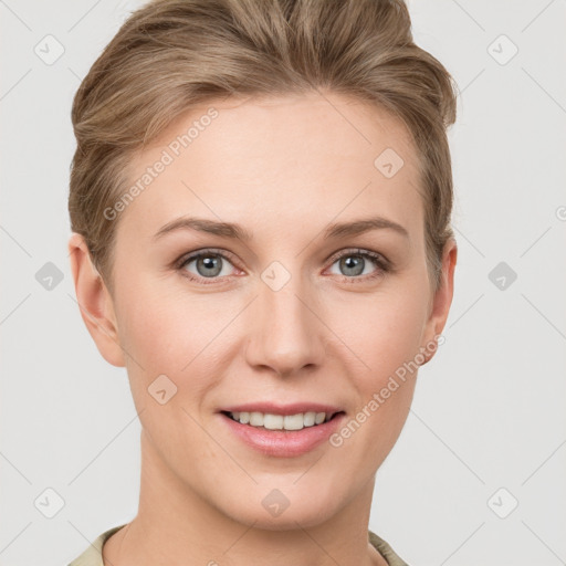 Joyful white young-adult female with short  brown hair and grey eyes