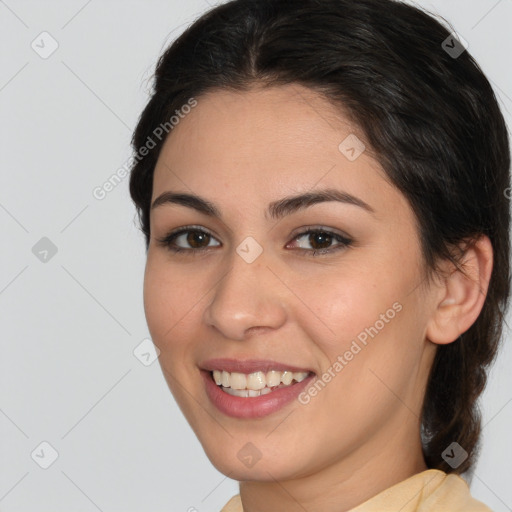 Joyful white young-adult female with medium  brown hair and brown eyes