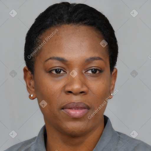 Neutral black young-adult female with short  black hair and brown eyes