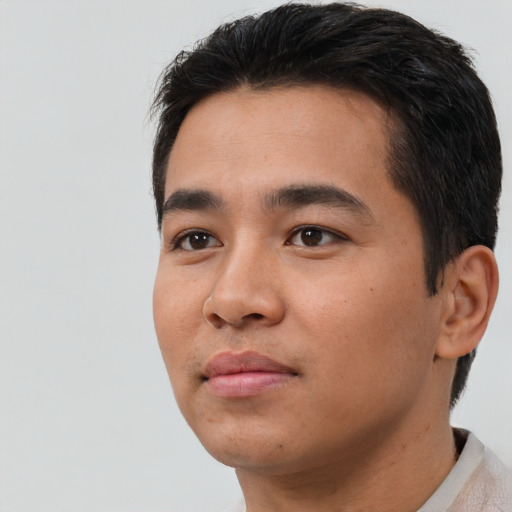 Neutral asian young-adult male with short  black hair and brown eyes