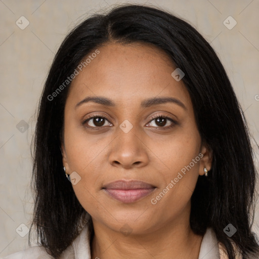 Joyful latino young-adult female with long  brown hair and brown eyes