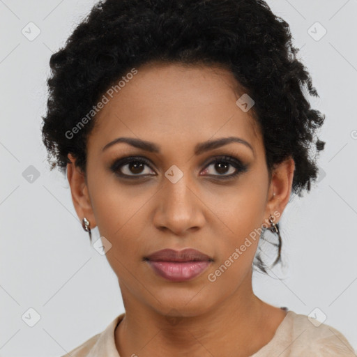 Joyful latino young-adult female with short  brown hair and brown eyes