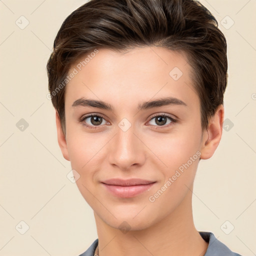 Joyful white young-adult female with short  brown hair and brown eyes